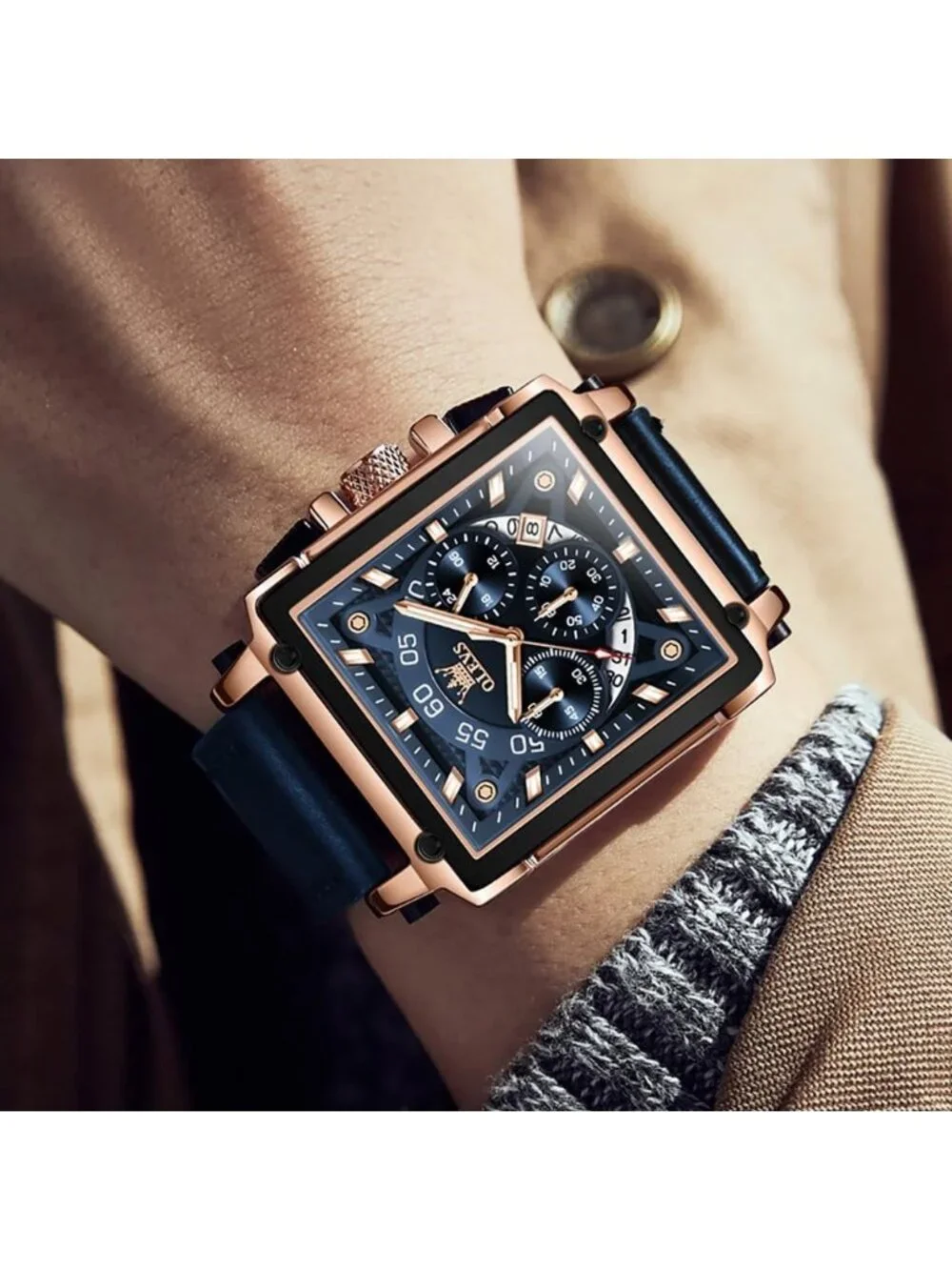 Men's Blue Quartz Leather Strap Waterproof Casual Trendy Square Dial Wristwatch